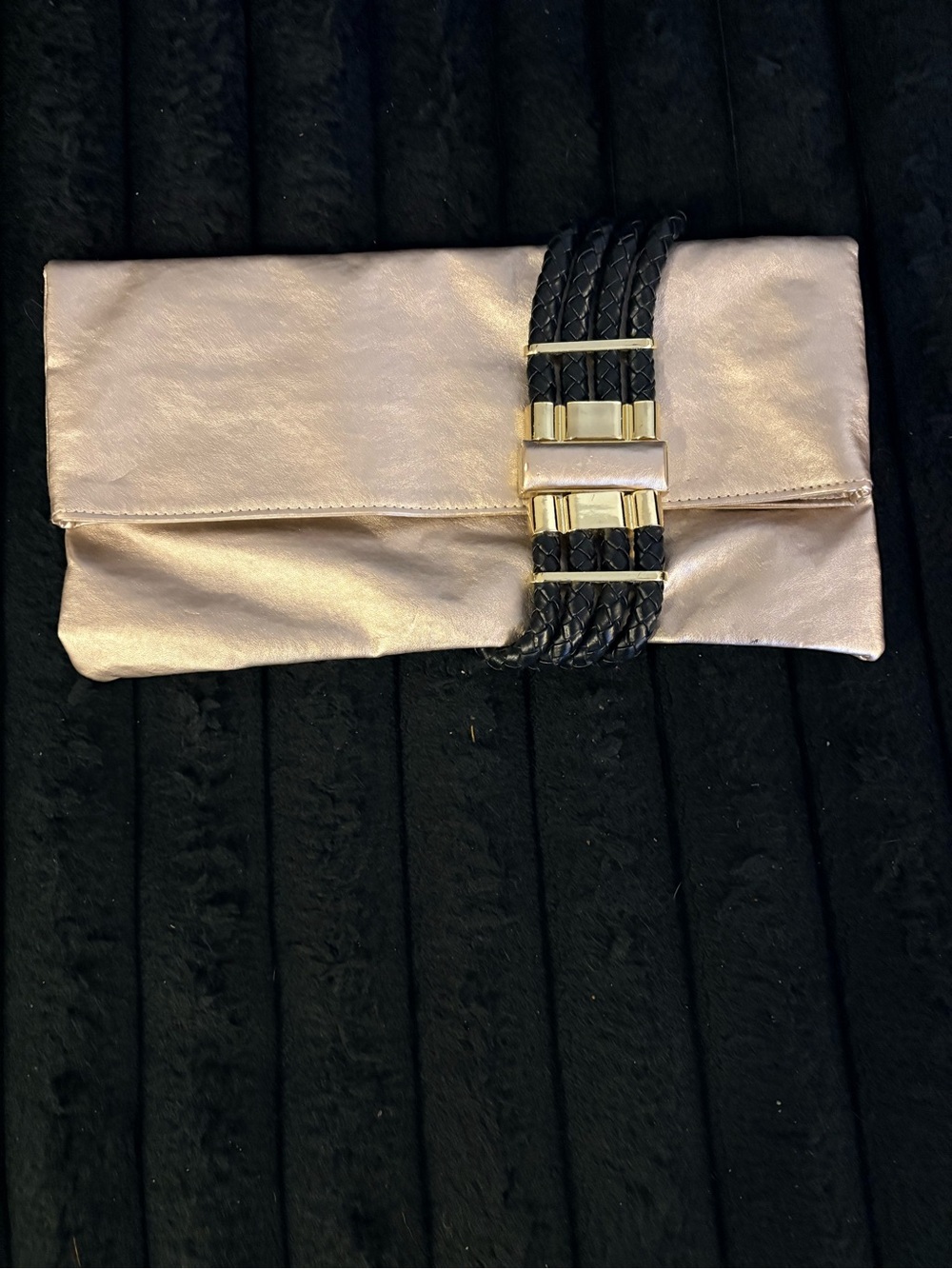 Metallic Rose Clutch with Black Braided Strap and Gold Accents